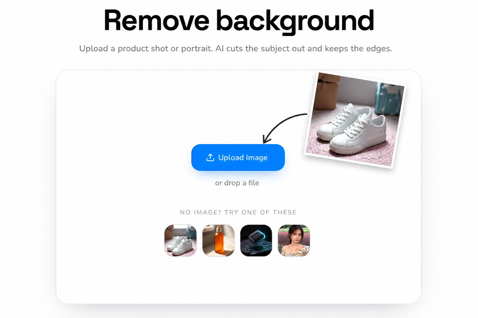 Step 1: drag a photo from the top-right onto the Upload Image button, or click Upload Image to choose a file.